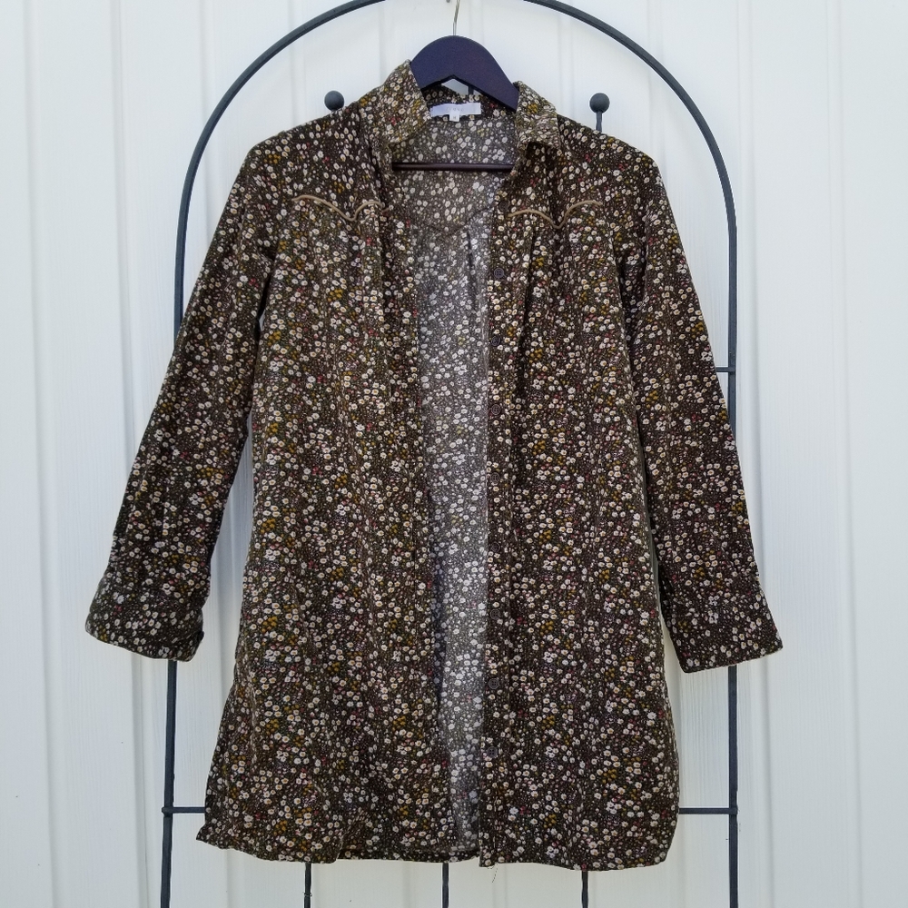 Grove long sleeve button up floral velvet cord M
